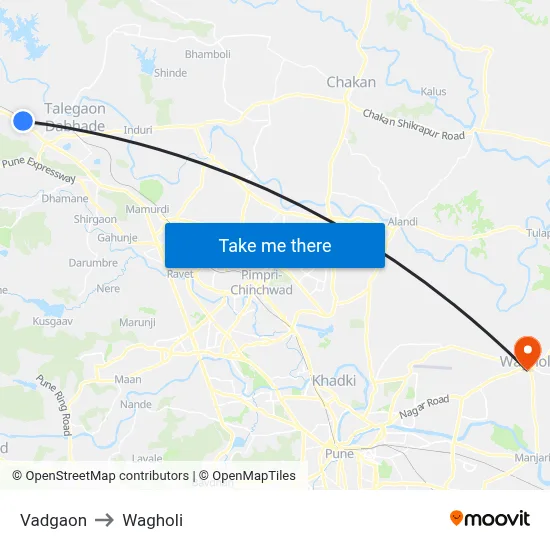 Vadgaon to Wagholi map