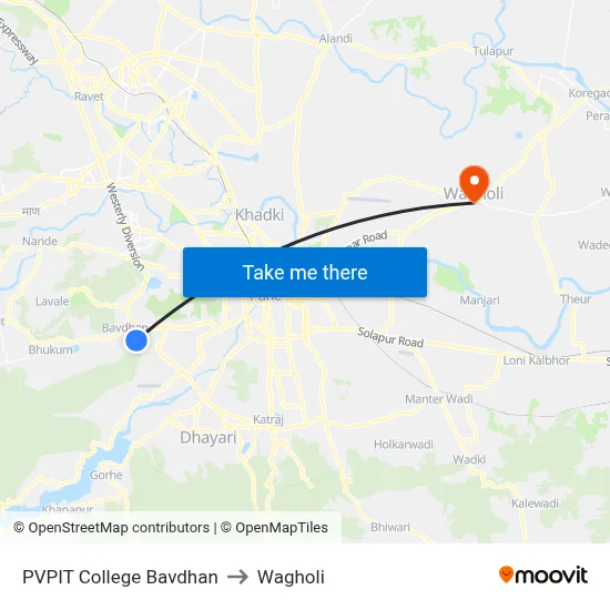 PVPIT College Bavdhan to Wagholi map