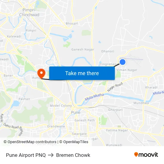 Pune Airport PNQ to Bremen Chowk map