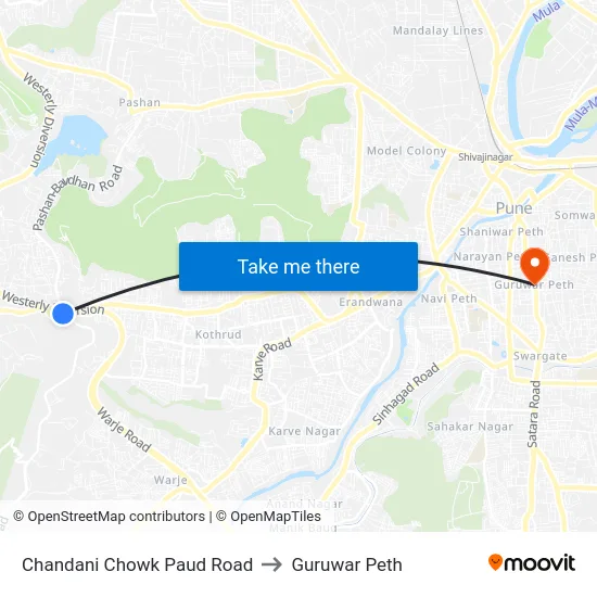Chandani Chowk Paud Road to Guruwar Peth map
