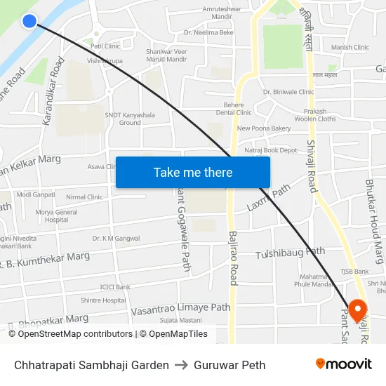 Chhatrapati Sambhaji Garden to Guruwar Peth map