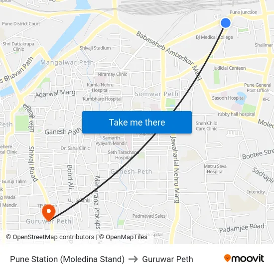 Pune Station Moledina Stand to Guruwar Peth map