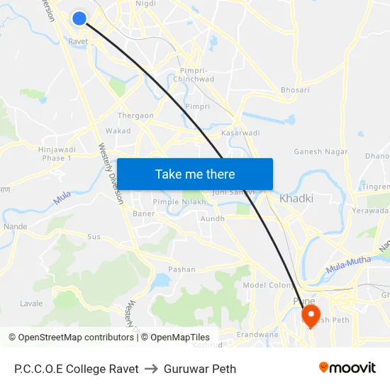 P.C.C.O.E College Ravet to Guruwar Peth map