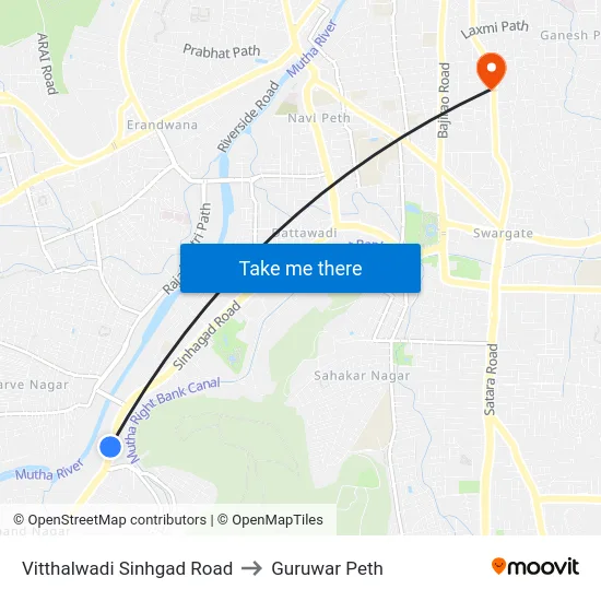 Vitthalwadi Sinhgad Road to Guruwar Peth map