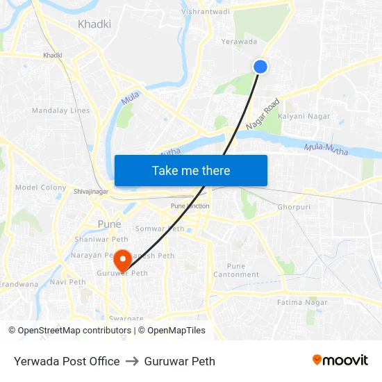 Yerwada Post Office to Guruwar Peth map