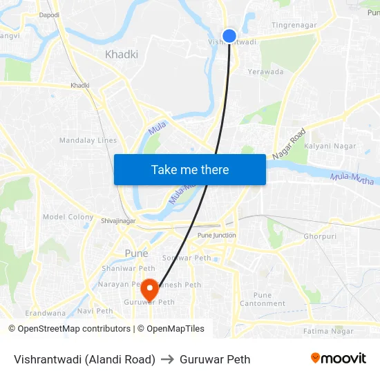 Vishrantwadi (Alandi Road) to Guruwar Peth map