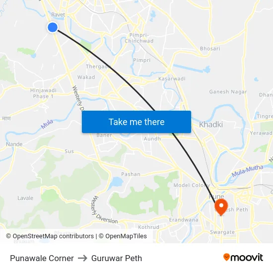 Punawale Corner to Guruwar Peth map