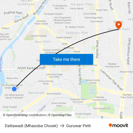 Dattawadi (Mhasoba Chowk) to Guruwar Peth map