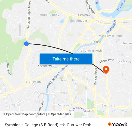 Symbiosis College (S.B Road) to Guruwar Peth map