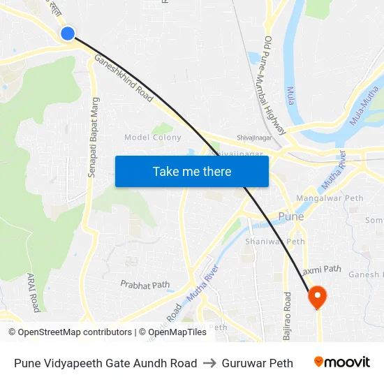 Pune Vidyapeeth Gate Aundh Road to Guruwar Peth map