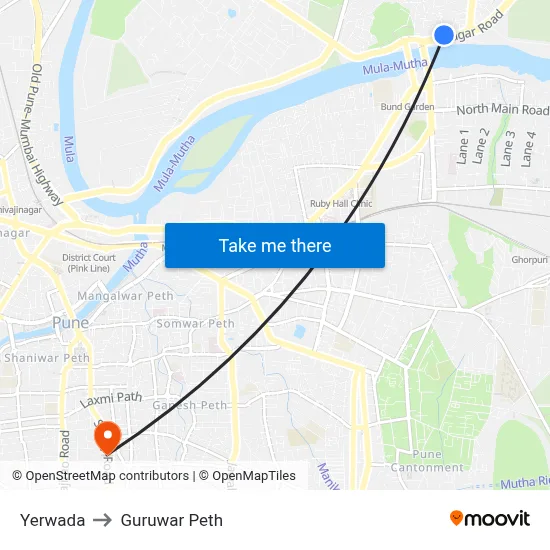 Yerwada to Guruwar Peth map
