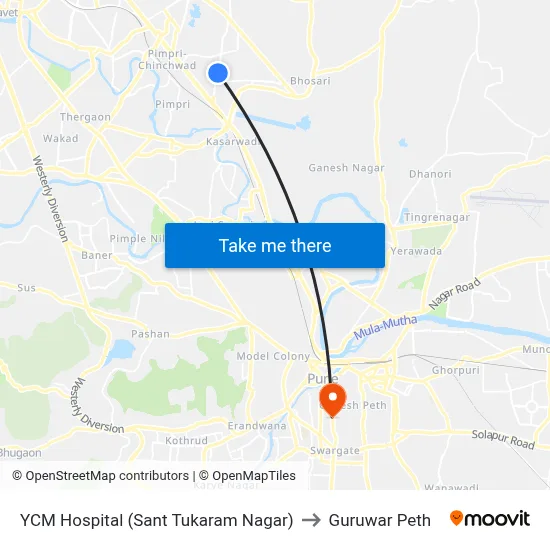YCM Hospital (Sant Tukaram Nagar) to Guruwar Peth map
