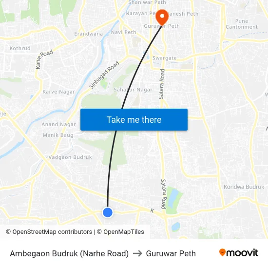 Ambegaon Budruk (Narhe Road) to Guruwar Peth map