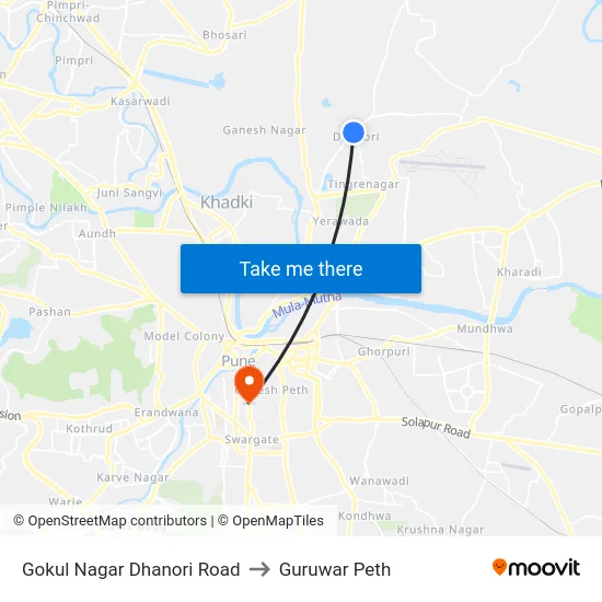 Gokul Nagar Dhanori Road to Guruwar Peth map