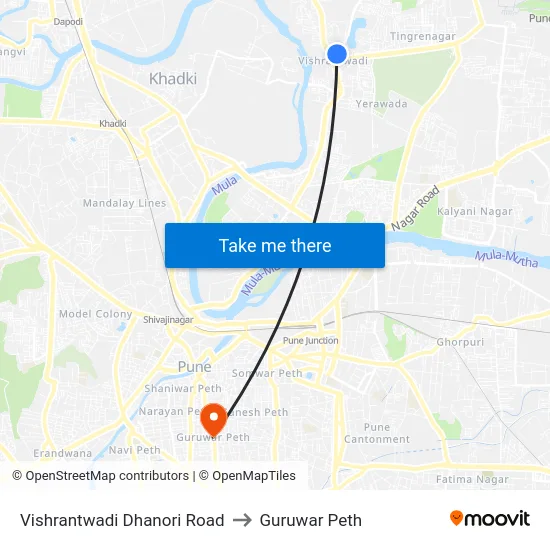 Vishrantwadi Dhanori Road to Guruwar Peth map