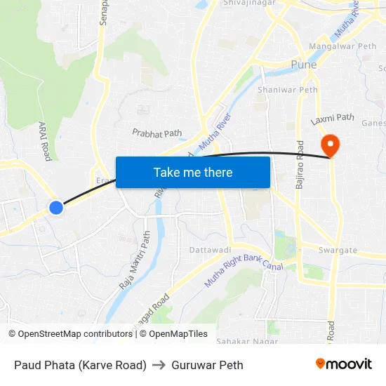 Paud Phata (Karve Road) to Guruwar Peth map