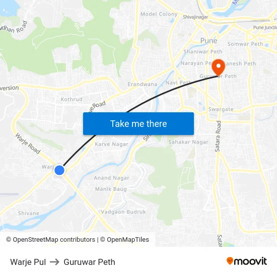 Warje Pul to Guruwar Peth map