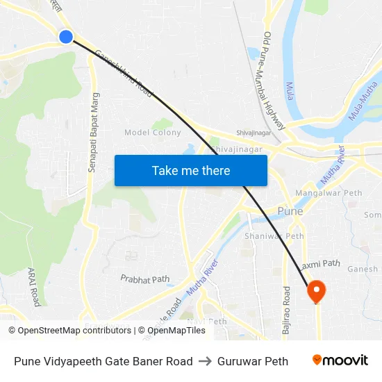 Pune Vidyapeeth Gate Baner Road to Guruwar Peth map