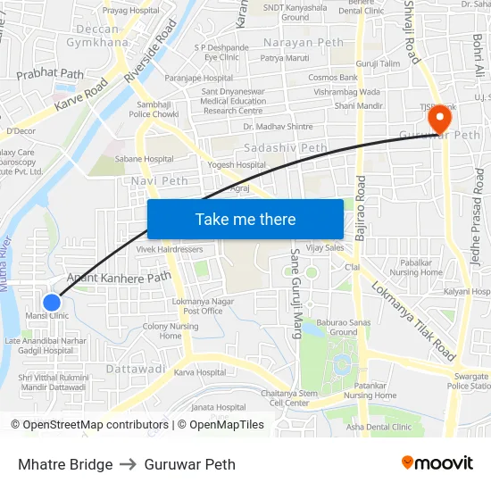 Mhatre Bridge to Guruwar Peth map