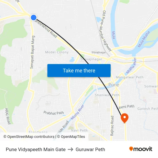 Pune Vidyapeeth Main Gate to Guruwar Peth map