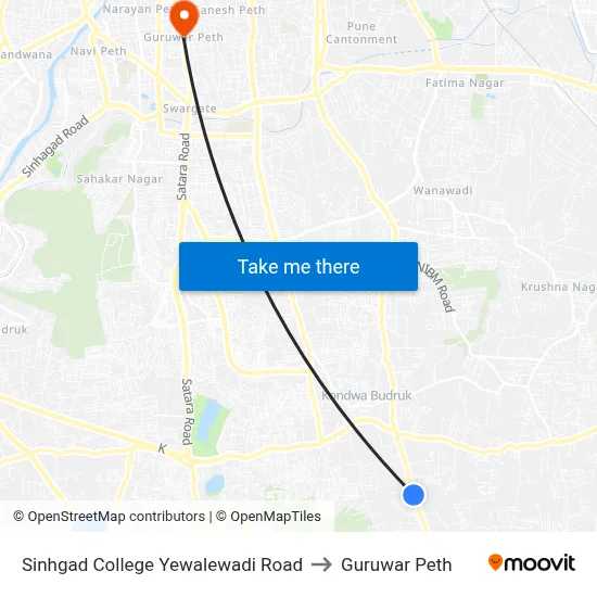 Sinhgad College Yewalewadi Road to Guruwar Peth map