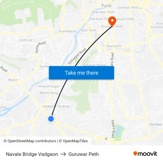 Navale Bridge Vadgaon to Guruwar Peth map