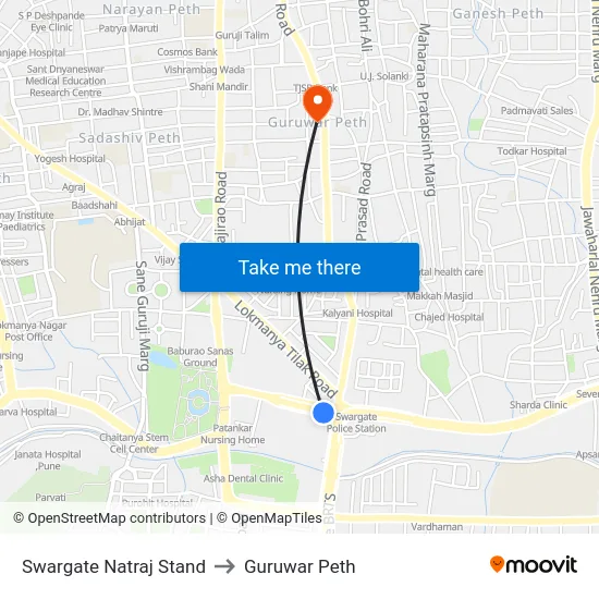 Swargate Natraj Stand to Guruwar Peth map