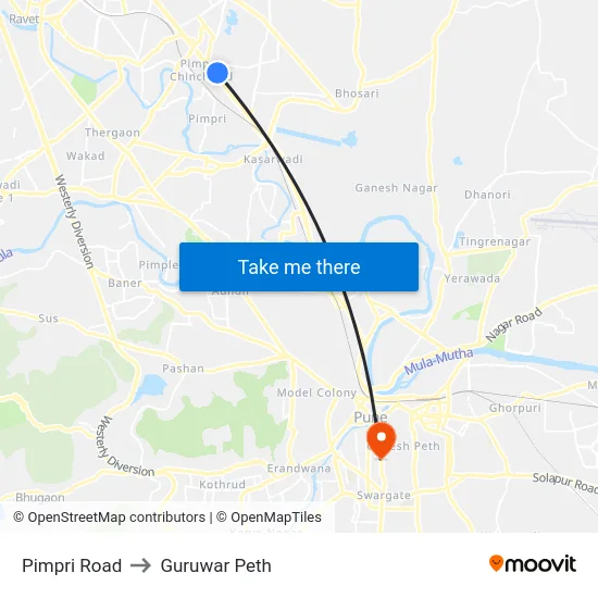 Pimpri Road to Guruwar Peth map