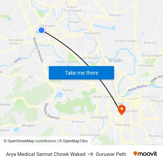 Arya Medical Samrat Chowk Wakad to Guruwar Peth map
