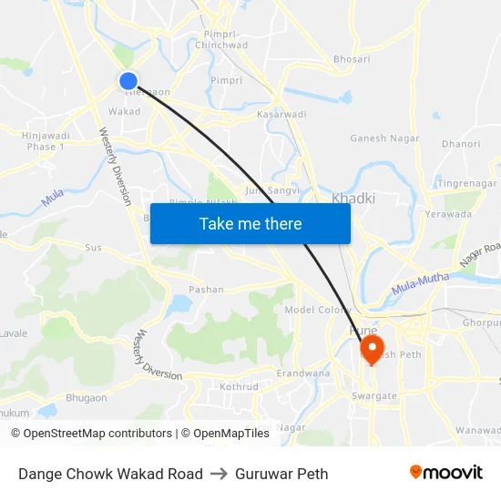 Dange Chowk Wakad Road to Guruwar Peth map