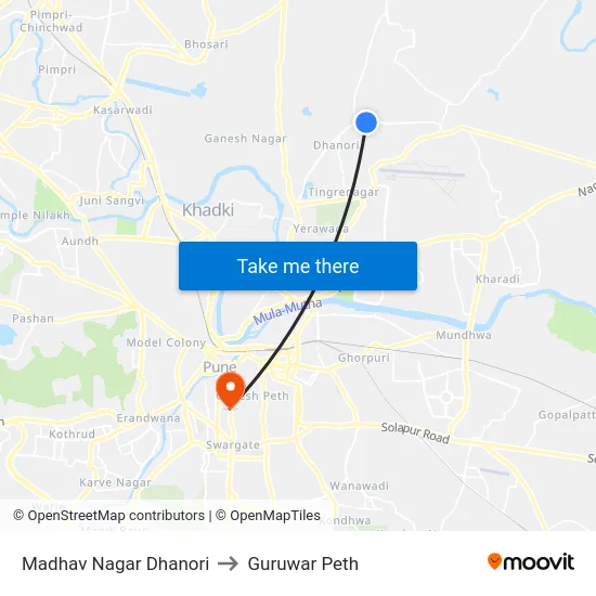 Madhav Nagar Dhanori to Guruwar Peth map