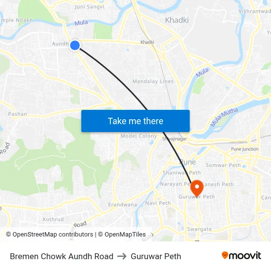 Bremen Chowk Aundh Road to Guruwar Peth map