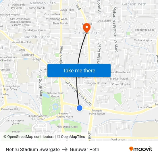 Nehru Stadium Swargate to Guruwar Peth map