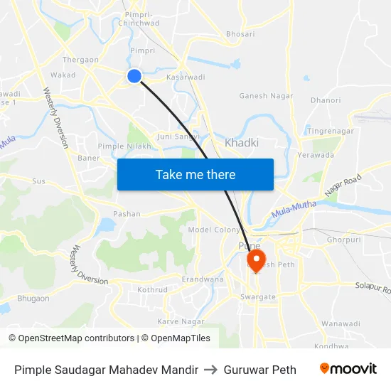 Pimple Saudagar Mahadev Mandir to Guruwar Peth map