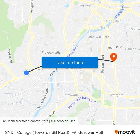 SNDT College (Towards SB Road) to Guruwar Peth map