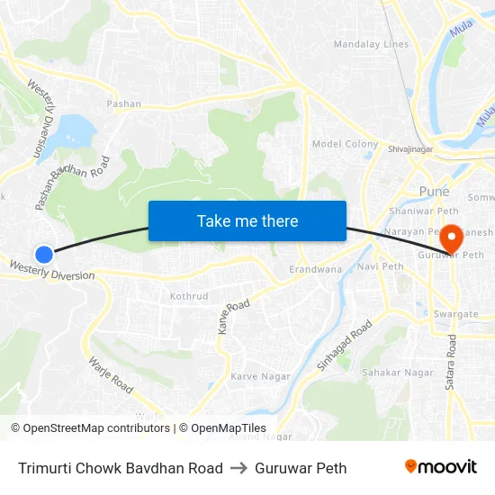 Trimurti Chowk Bavdhan Road to Guruwar Peth map