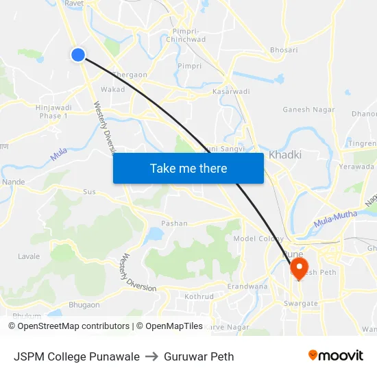 JSPM College Punawale to Guruwar Peth map
