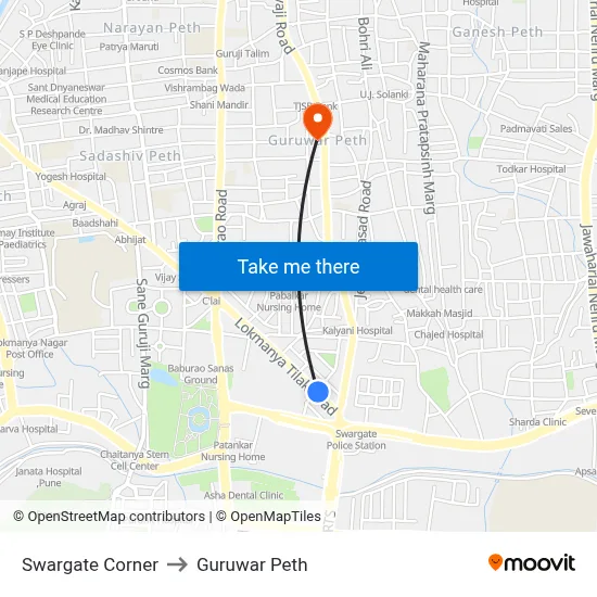 Swargate Corner to Guruwar Peth map