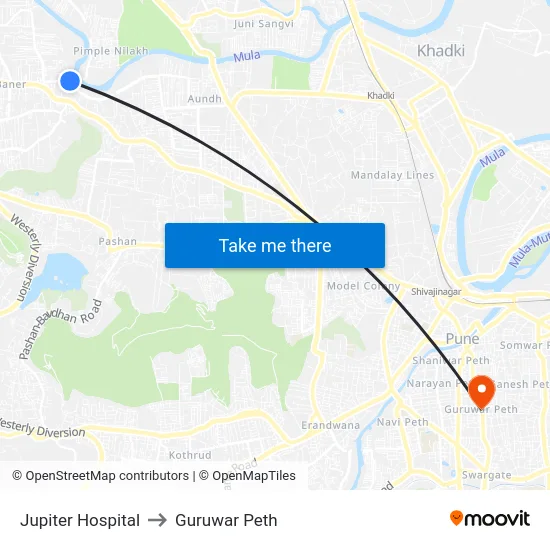 Jupiter Hospital to Guruwar Peth map