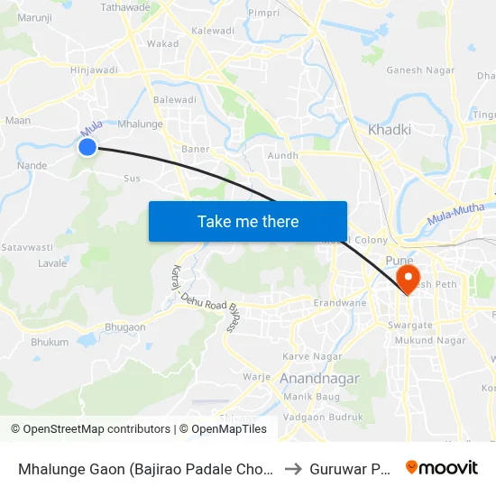 Mhalunge Gaon (Bajirao Padale Chowk) to Guruwar Peth map