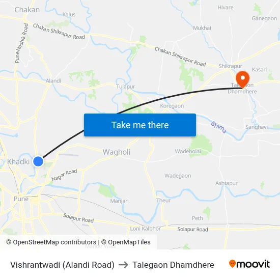 Vishrantwadi (Alandi Road) to Talegaon Dhamdhere map