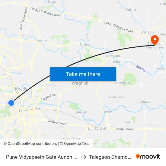 Pune Vidyapeeth Gate Aundh Road to Talegaon Dhamdhere map