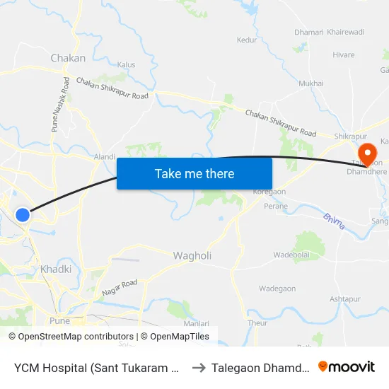 YCM Hospital (Sant Tukaram Nagar) to Talegaon Dhamdhere map