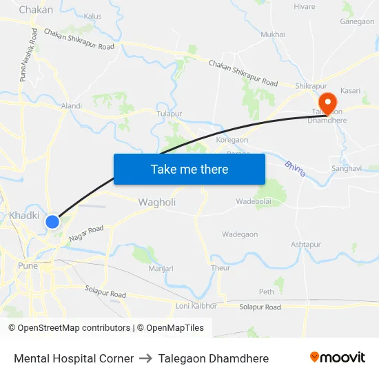 Mental Hospital Corner to Talegaon Dhamdhere map
