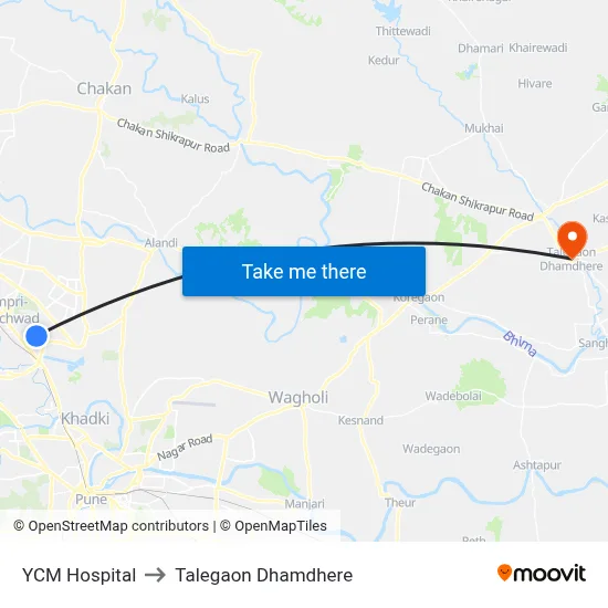 YCM Hospital to Talegaon Dhamdhere map