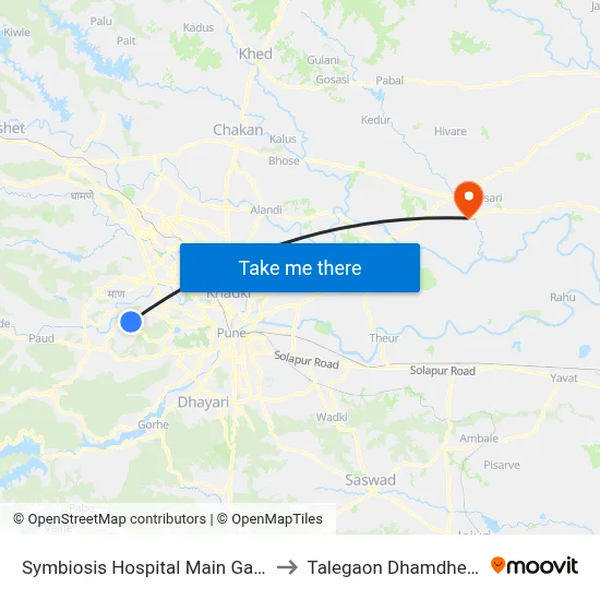 Symbiosis Hospital Main Gate to Talegaon Dhamdhere map