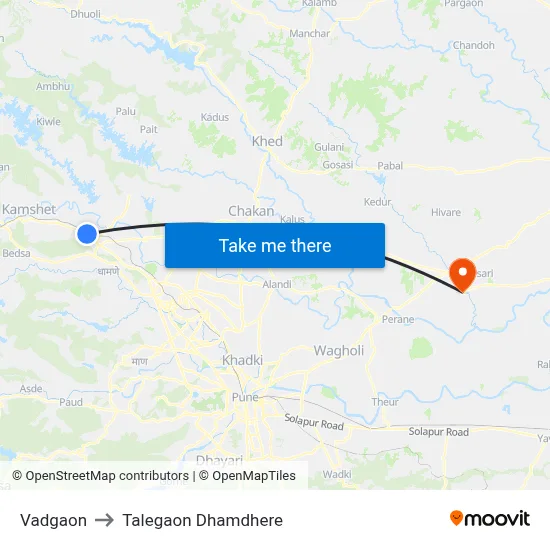 Vadgaon to Talegaon Dhamdhere map