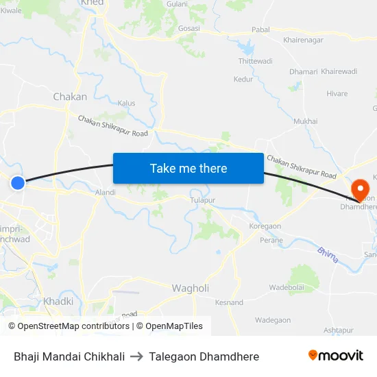 Bhaji Mandai Chikhali to Talegaon Dhamdhere map