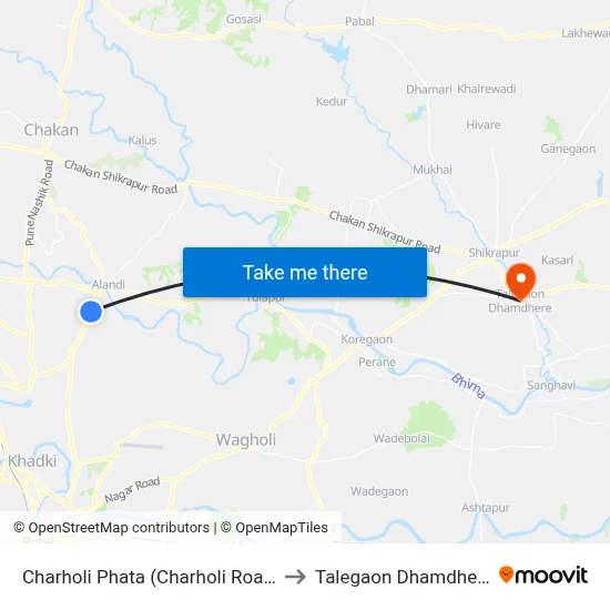 Charholi Phata (Charholi Road) to Talegaon Dhamdhere map