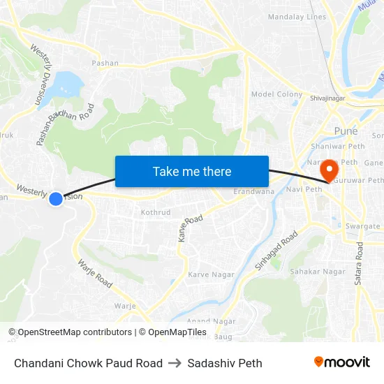 Chandani Chowk Paud Road to Sadashiv Peth map